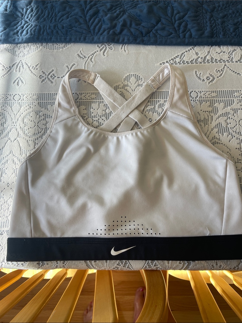 Nike Light Beige Sports Bra with Black Underband and Crisscross Back